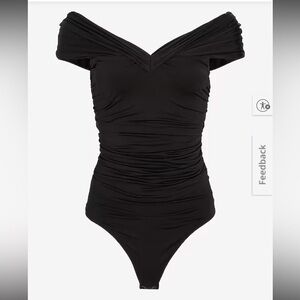 Express Off Shoulder Ruched Bodysuit Black Thong Snap Closure NWT Size XS